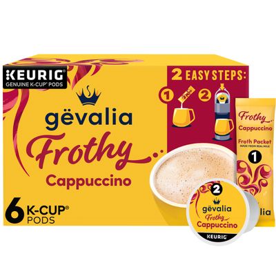 Gevalia Frothy 2-Step Artificially Flavored Cappuccino Espresso Style KCup Coffee Pods &amp; Froth Packets Kit, 6 ct. Box