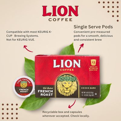Lion Coffee French Roast Coffee, Dark Blend, Single-Serve Coffee Pods, Compatible with Pod Brewing Systems, A Taste of Aloha - (12 Count Box)