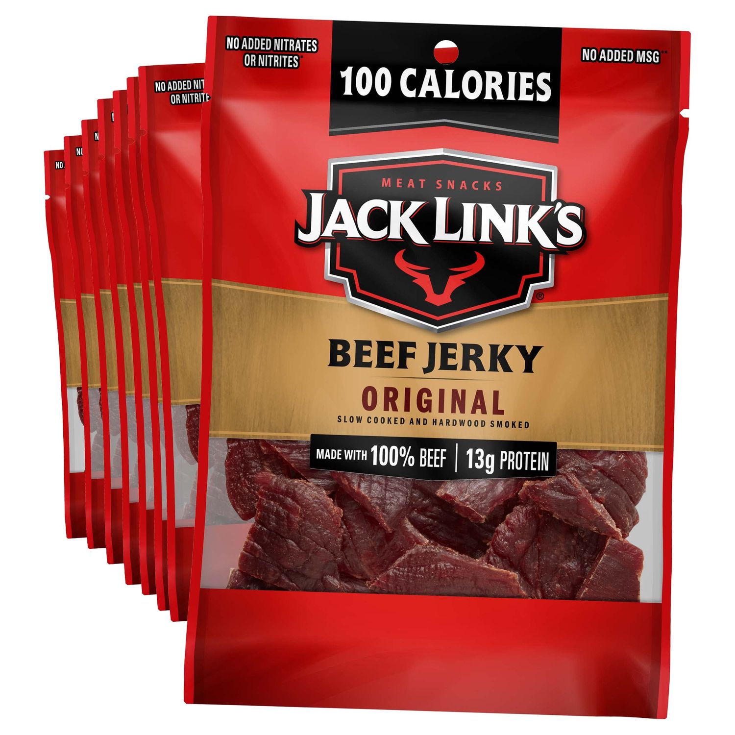 Jack Link&#39;s Beef Jerky, Original - Flavorful Meat Snack for Lunches, 13g Protein and 100 Calories, Made with 100% Beef - No Added MSG or Nitrates/Nitrites, 1.25 oz (Pack of 10)