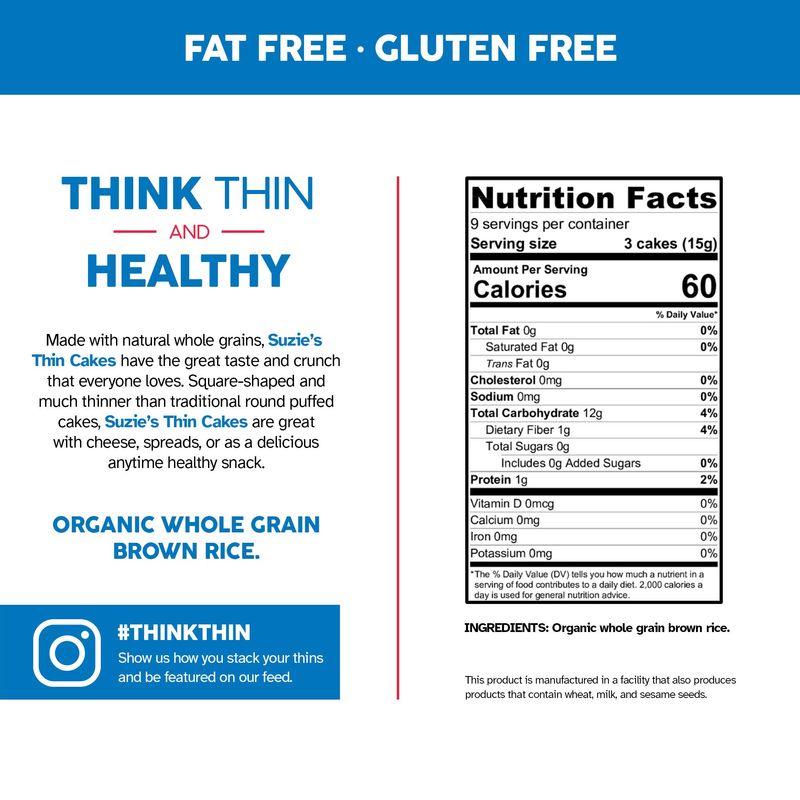 Suzie's Organic Brown Rice Cake Thins|12 Pack|Unsalted Sodium Free|USDA Organic, NON-GMO, Fat-Free, Sugar-Free, Gluten-Free|Low-Calorie Snack-16 Calories Per Slice|Bread &amp; Cracker Replacement