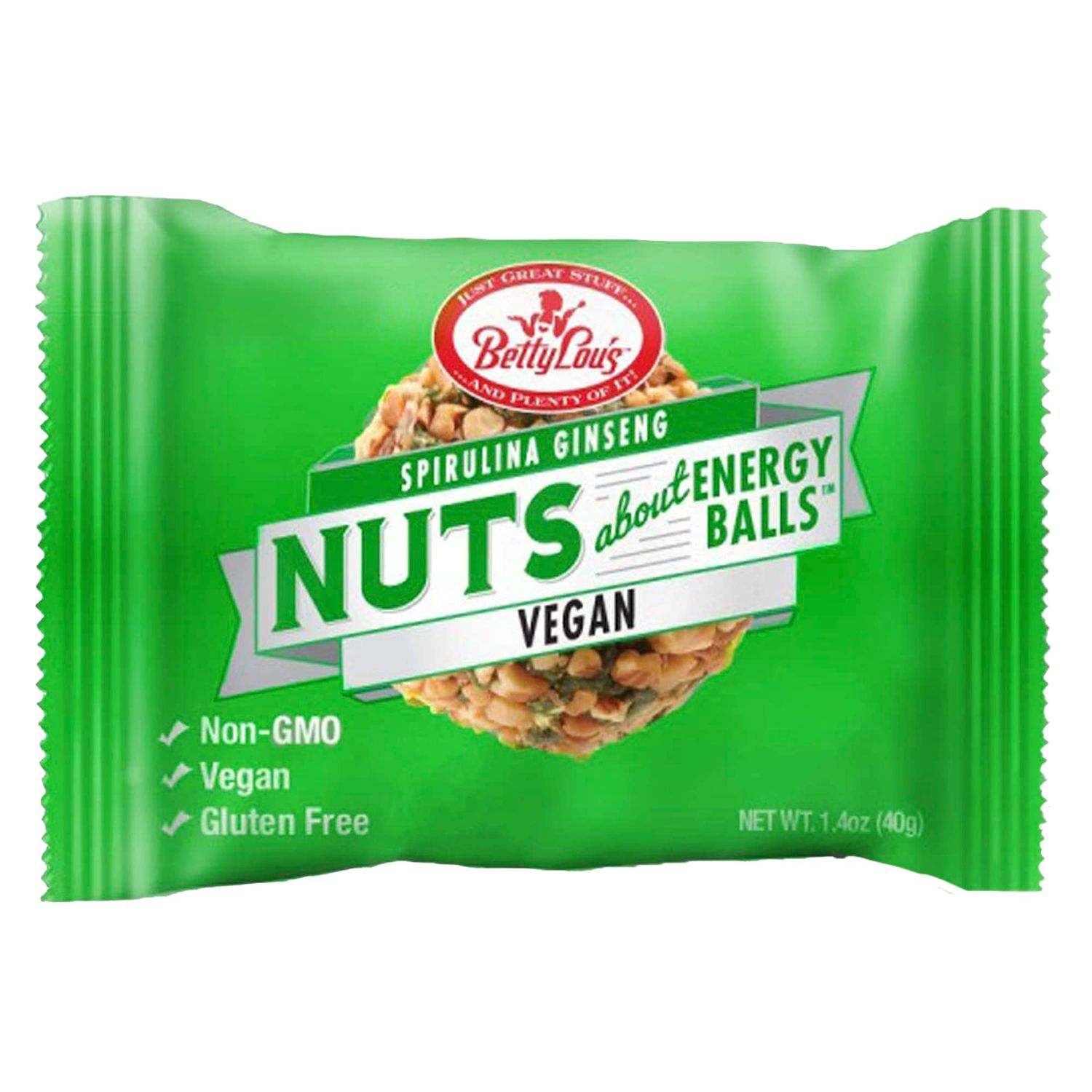 Betty Lou&#39;s Energy Balls - Spirulina Ginseng | Vegan, Gluten Free, Non GMO, High Fiber, No Refined Sugar | Healthy Vegan Snacks for Adults and Kids | Individually wrapped (12 Pack)