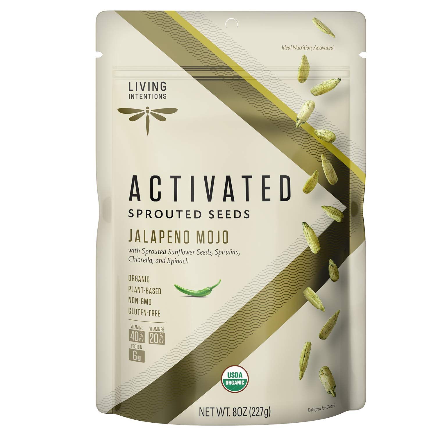 Living Intentions Organic Sprouted Sunflower Seeds: Jalapeno Mojo - NonGMO - Gluten Free - Vegan - Paleo - Kosher - 8 Ounce Unit