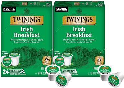 Twinings Irish Breakfast Black Tea K-Cup Pods for Keurig, 24 Count (Pack of 2), Robust, Strong, Bold Flavour, Caffeinated, Enjoy Hot or Iced