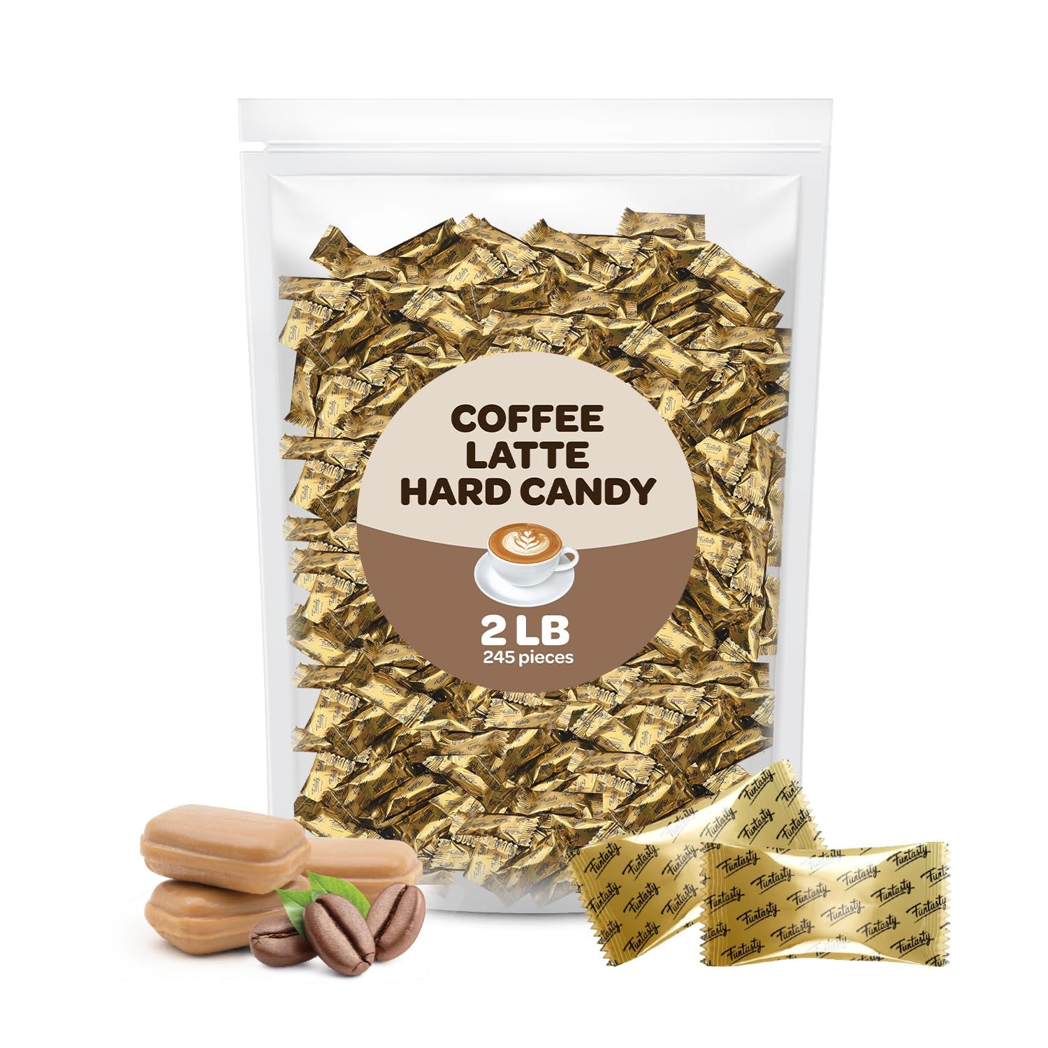 Coffee Latte Flavored Hard Candy, Pack 2 Pounds - Contains Caffeine, Individually Wrapped