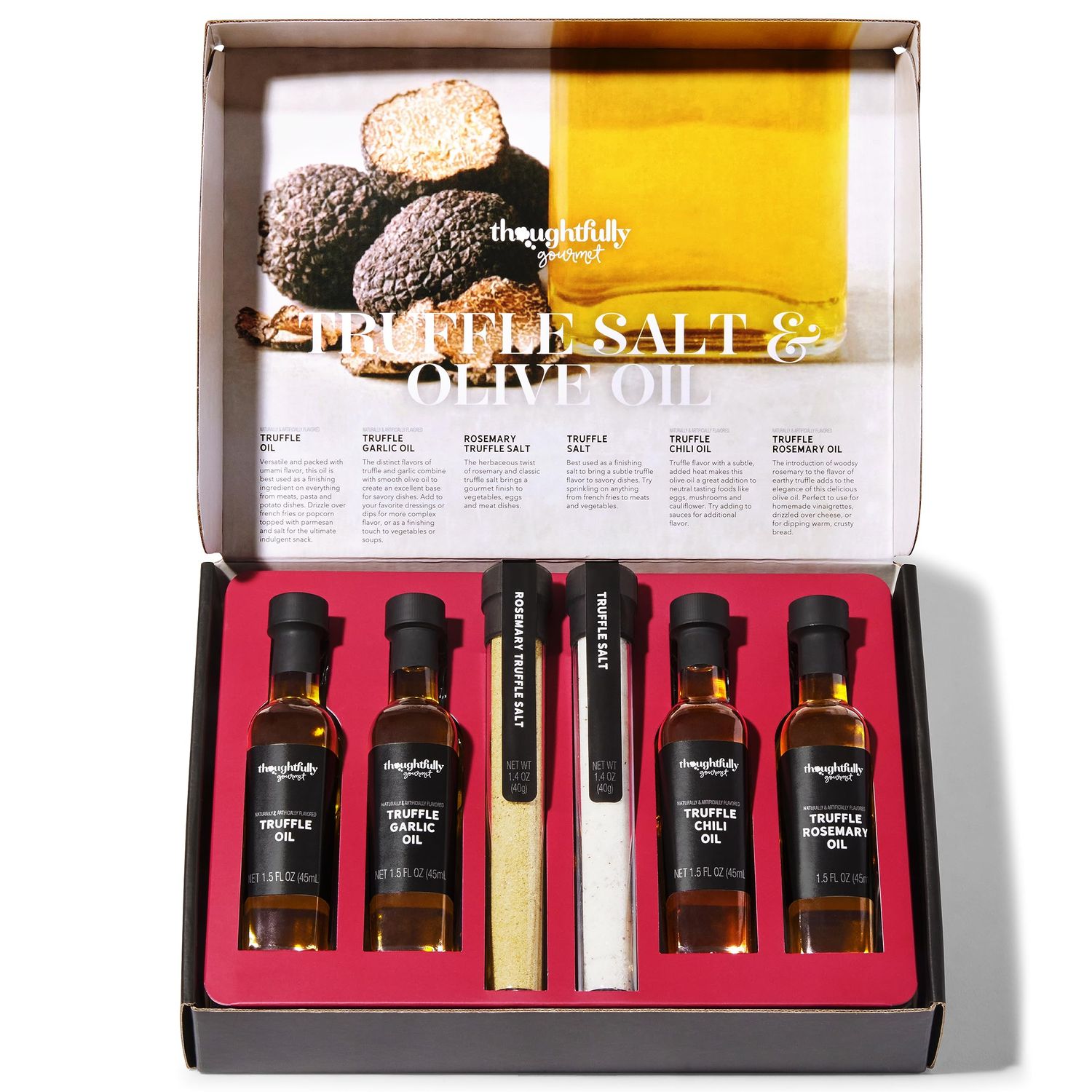 Thoughtfully Gourmet, Truffle Salt &amp; Olive Oil Gift Set, Includes 4 Premium Extra Virgin Olive Oil, 2 Truffle Salts with Real Truffles, Set of 6