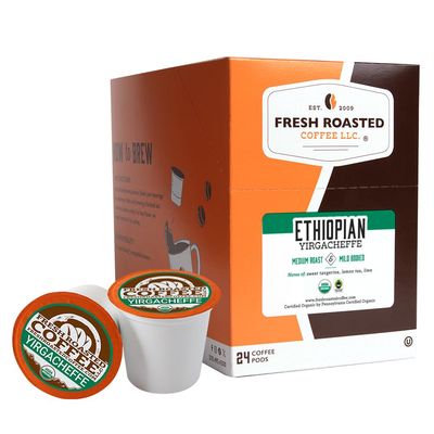 Fresh Roasted Coffee, Organic Ethiopian Yirgacheffe, Medium Roast, Mold &amp; Mycotoxin Tested, 24 Pods for K Cup Brewers