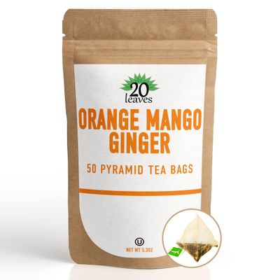 Orange Mango Ginger Green Tea - 50 Pyramid Tea Bags Sachets in a Resealable Bag