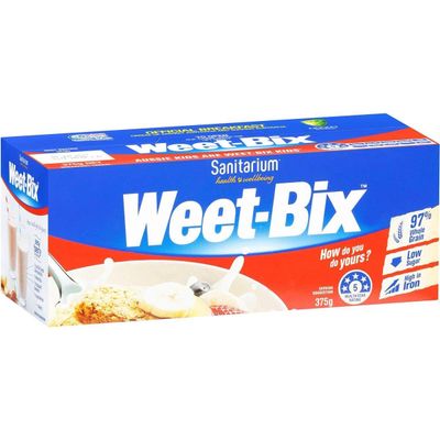 Weet-Bix 375g - By Sanitarium (Made in Australia) Low in Sugar, High in Iron, High in Fiber.