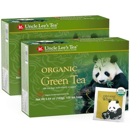 Uncle Lee&#39;s Organic Green Tea 100 Tea Bags 2-Pack with + White Tea Single-Use Pack (3 Piece Set)