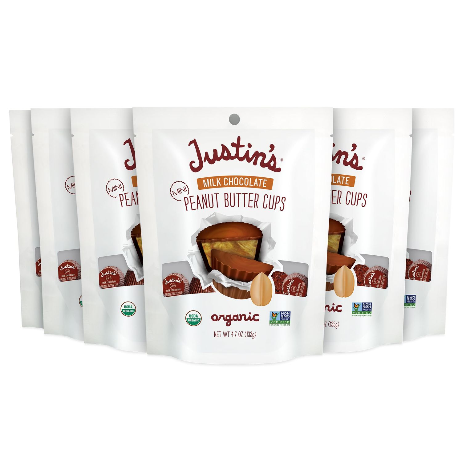 Justin&#39;s Organic Mini Milk Chocolate Peanut Butter Cups, Rainforest Alliance Certified Cocoa, Gluten-free, Responsibly Sourced, 6 Stand-up Bags (4.7 Ounce Each)