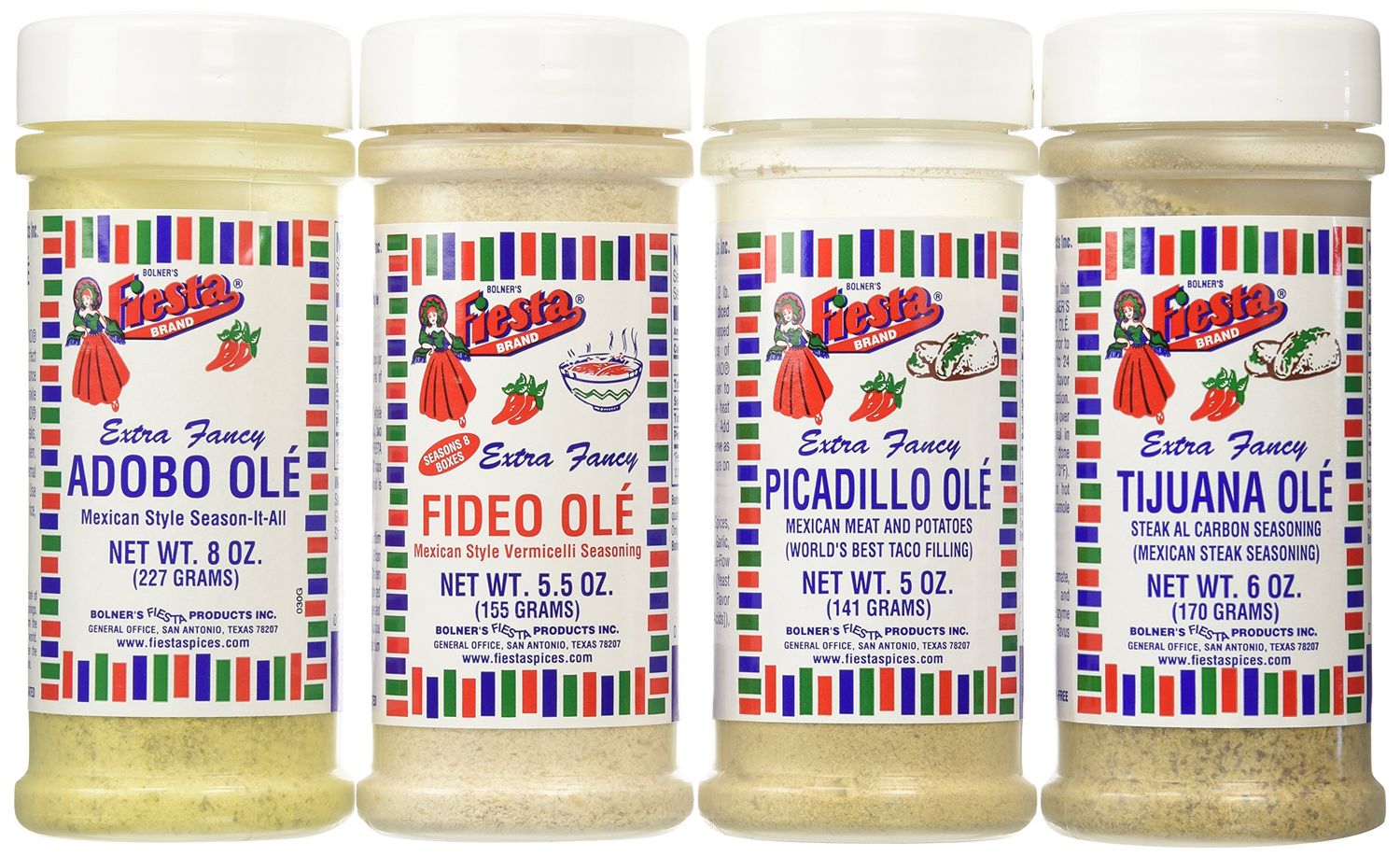 Bolner&#39;s Fiesta Extra Fancy Mexican Seasoning 4 Flavor Variety Bundle, (1) each: Adobo Ole&#39;, Tijuana Ole&#39; Steak Al Carbon, Picadillo Ole&#39; Mexican Meat, Fideo Ole&#39; Mexican Vermicelli, 5-8 Oz. Ea.