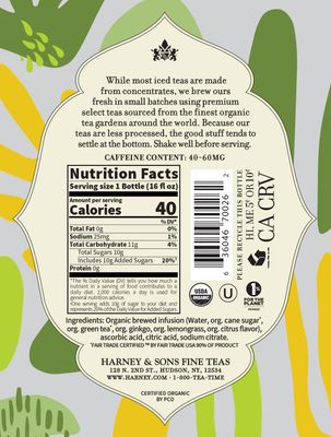 Harney &amp; Sons Organic Green Iced Tea with Citrus &amp; Ginkgo, Certified Organic and Fair Trade (70026), 16 Fl Oz (Pack of 12)