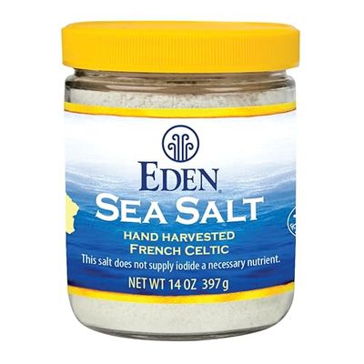 Eden Sea Salt, Hand Harvested French Celtic, Stone Ground (Fine), 82 Trace Minerals, Unrefined, Glass Jar, 14 oz