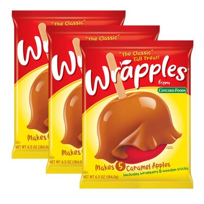 Concord Foods Wrapples Caramel Apple Wraps, Easy Caramel Treats at Home - Includes Wraps and Sticks for Delicious Apples! 6.5 oz (Pack of 3)