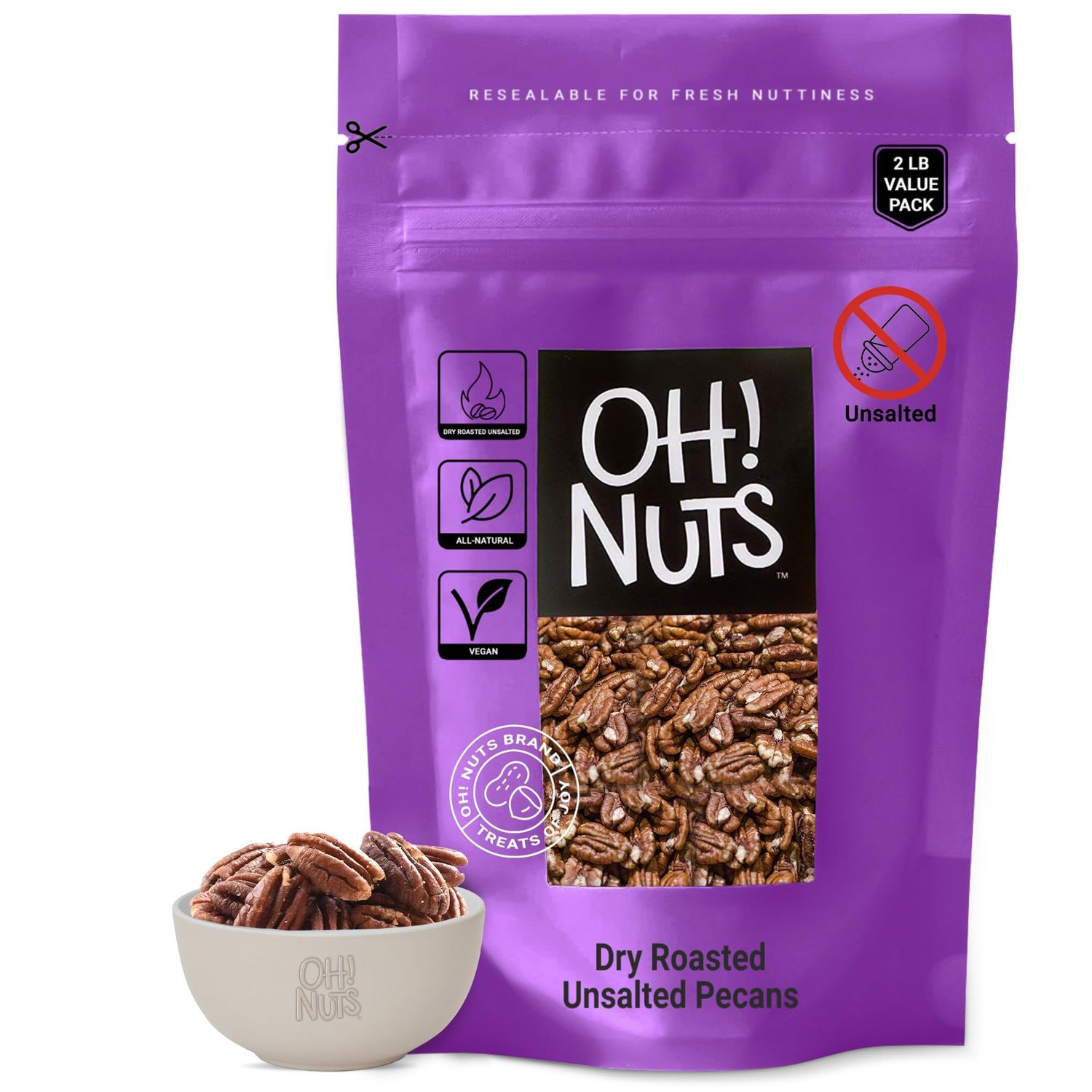 Pecans | Dry Roasted Unsalted | 2 lb | Oil-Free, All Natural Pecans | Packed in New York Zip-Seal Bag for Exceptional Freshness by Oh Nuts