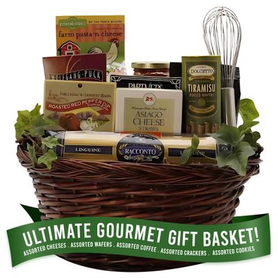 Gift Basket Village - Italian Themed Dinner for Two, Gourmet Pasta Assortment with Linquini, Dip Mix, Pasta Sauce, Pasta &amp; Cheese Blend - Italian Food Basket, 12x8x12, 4.44 lbs