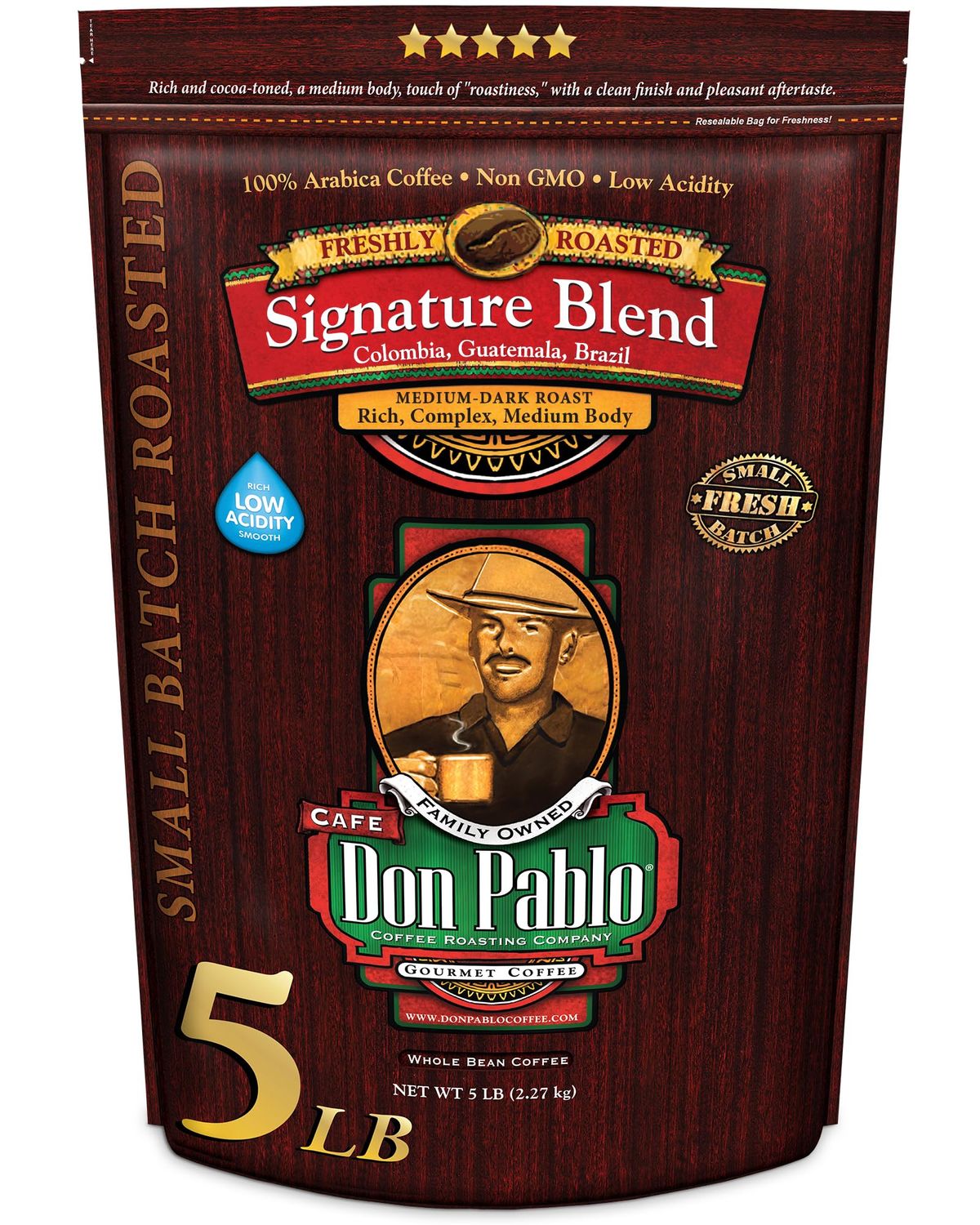 5LB Don Pablo Signature Blend - Medium-Dark Roast - Whole Bean Coffee - Low Acidity - 5 Pound (5 lb) Bag
