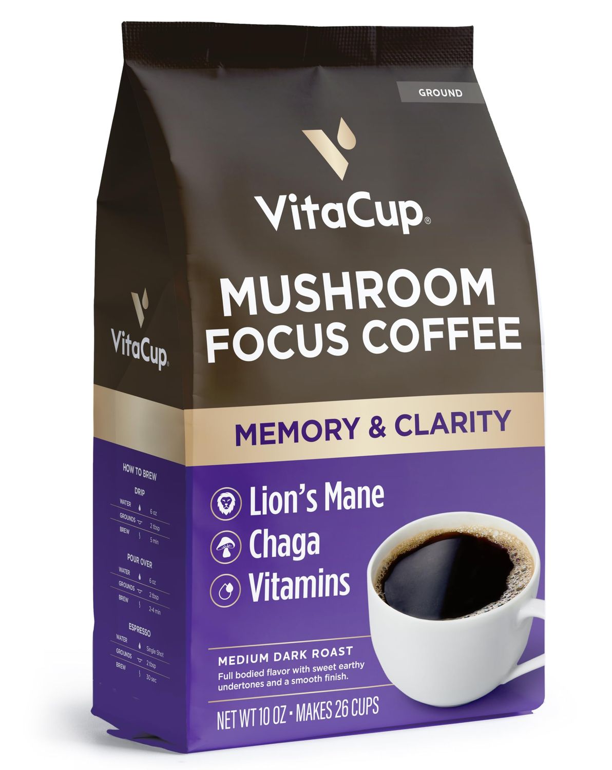 VitaCup Focus Mushroom Coffee Grounds, with Lions Mane, Chaga, B Vitamins, D3, Boost Focus, Immunity, Memory &amp; Clarity, Medium Dark Roast, Bold &amp; Smooth 100% Arabica Specialty, 10 Oz