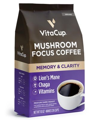 VitaCup Focus Mushroom Coffee Grounds, with Lions Mane, Chaga, B Vitamins, D3, Boost Focus, Immunity, Memory &amp; Clarity, Medium Dark Roast, Bold &amp; Smooth 100% Arabica Specialty, 10 Oz