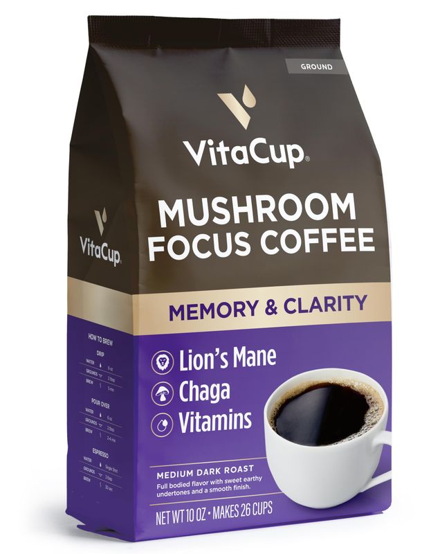 VitaCup Focus Mushroom Coffee Grounds, with Lions Mane, Chaga, B Vitamins, D3, Boost Focus, Immunity, Memory &amp; Clarity, Medium Dark Roast, Bold &amp; Smooth 100% Arabica Specialty, 10 Oz