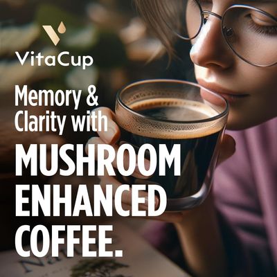 VitaCup Focus Mushroom Coffee Grounds, with Lions Mane, Chaga, B Vitamins, D3, Boost Focus, Immunity, Memory &amp; Clarity, Medium Dark Roast, Bold &amp; Smooth 100% Arabica Specialty, 10 Oz