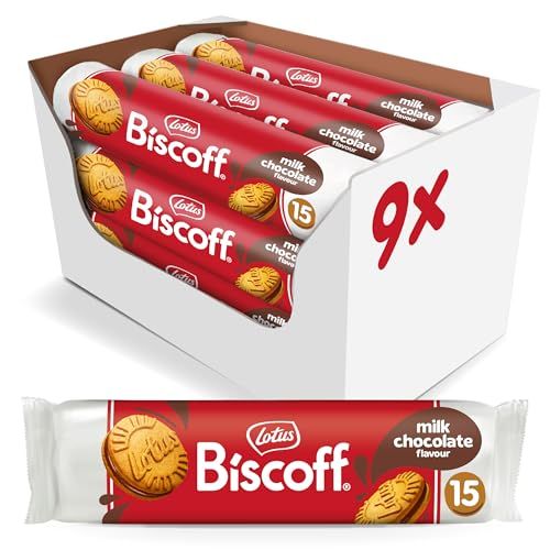 Lotus Biscoff Sandwich Cookies, Milk Chocolate Cream, 15 Cookies per pack, 5.29 Ounce (Pack of 9)