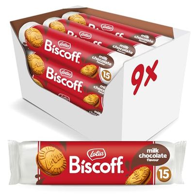 Lotus Biscoff Sandwich Cookies, Milk Chocolate Cream, 15 Cookies per pack, 5.29 Ounce (Pack of 9)