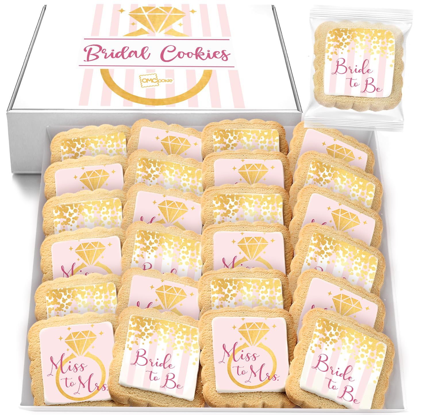 Bridal Shower Cookies Favors | INDIVIDUALLY WRAPPED 24 PACK | Engagement Party Favors | Gold Bachelorette Wedding Dessert Table