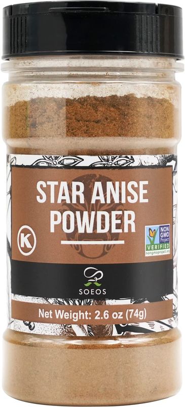 Soeos Chinese Star Anise Powder 2.6 oz (74g), Ground Chinese Star Anise Seeds, Dried Anise Star Spice, Star Anise Bulk, Anise Star. Non-GMO Verified, Great for Baking and Tea, Anis Estrella., Brown