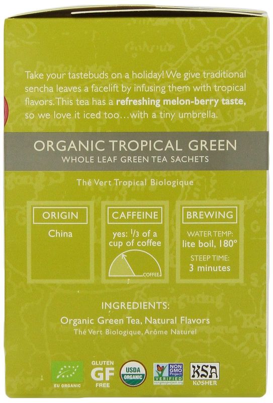 Two Leaves and a Bud Organic Tropical Green Tea Bags, Whole Leaf Green Tea in Sachets, 15 Count (Pack of 6)