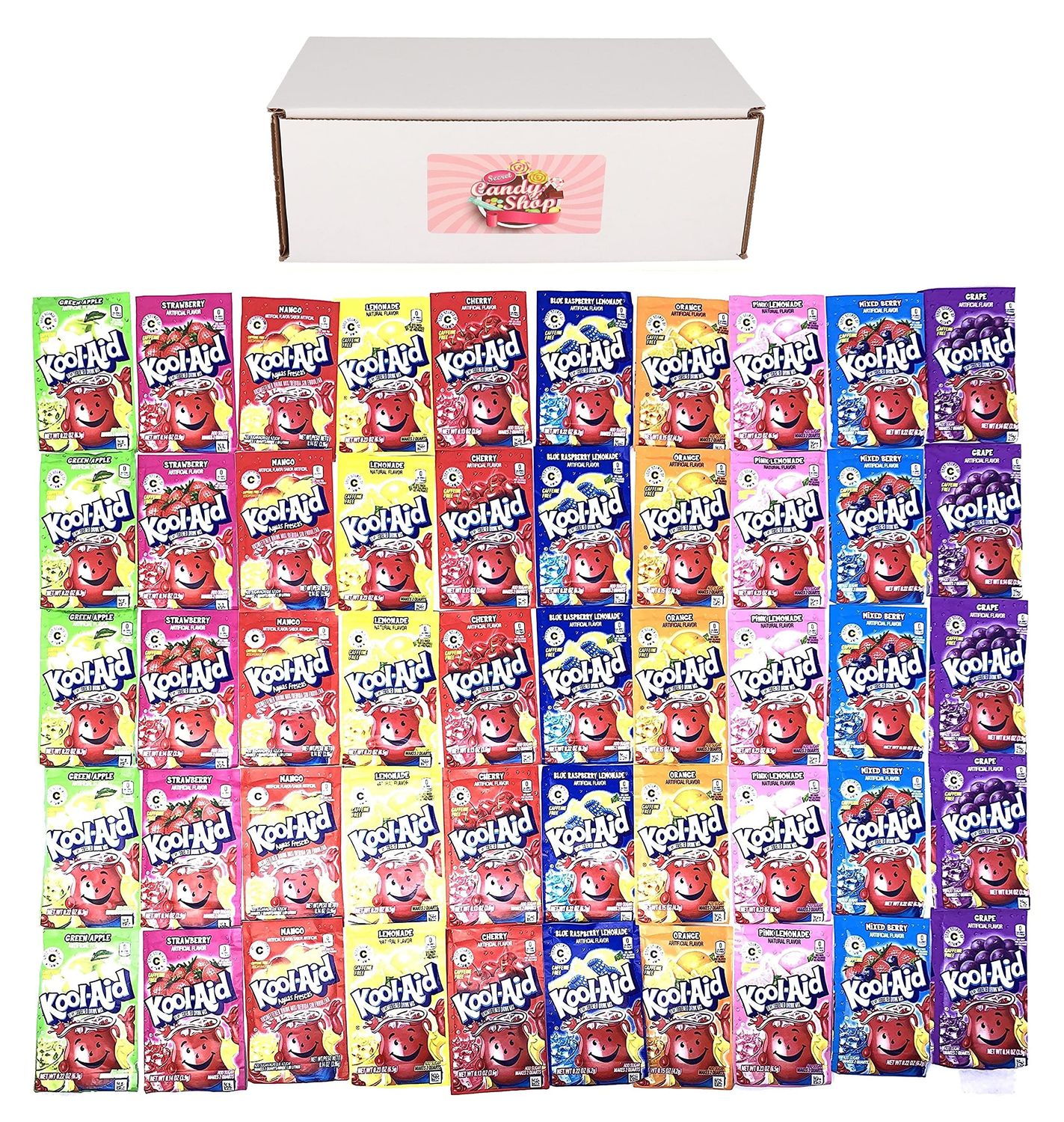SECRET CANDY SHOP KoolAid Drink Mix Packets Variety Pack of 10 Flavors (5 of each flavor, Total of 50)