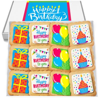 Happy Birthday Cookies 12 PACK Gift Basket | INDIVIDUALLY WRAPPED For Kids Men Women | Decorated Party Favors Gift Box | Nut Free