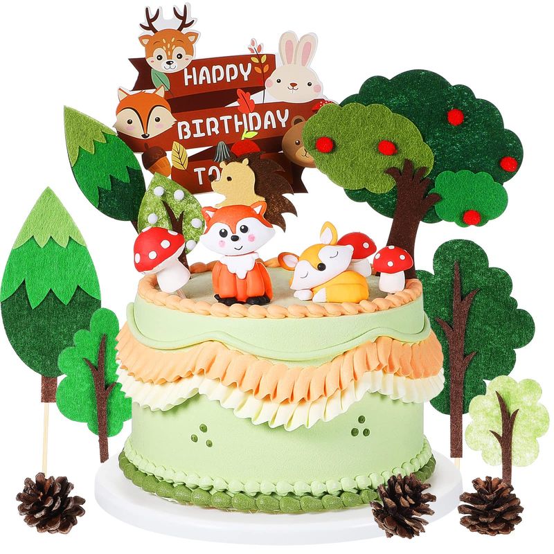 25 Pcs Woodland Animal Cake Toppers Woodland Theme Cake Toppers Woodland Creatures Cupcake Picks Forest Cake Topper Kit Felt Fondant Cake Decorations for Baby Shower Kids Birthday Party
