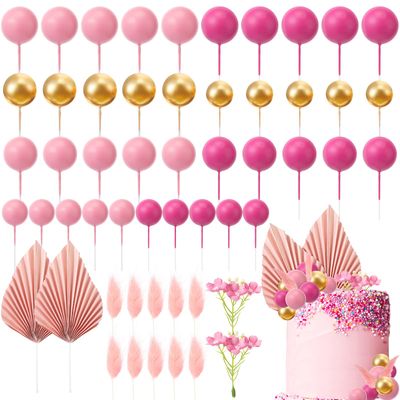 53 Pcs Boho Cake Topper Mini Balls Cake Toppers Foam Balloon Cake Toppers Palm Leaves Artificial Dried Flower Cake Toppers for Baby Shower Birthday Wedding Cake Decoration (Pink, Gold)