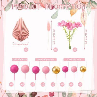 53 Pcs Boho Cake Topper Mini Balls Cake Toppers Foam Balloon Cake Toppers Palm Leaves Artificial Dried Flower Cake Toppers for Baby Shower Birthday Wedding Cake Decoration (Pink, Gold)