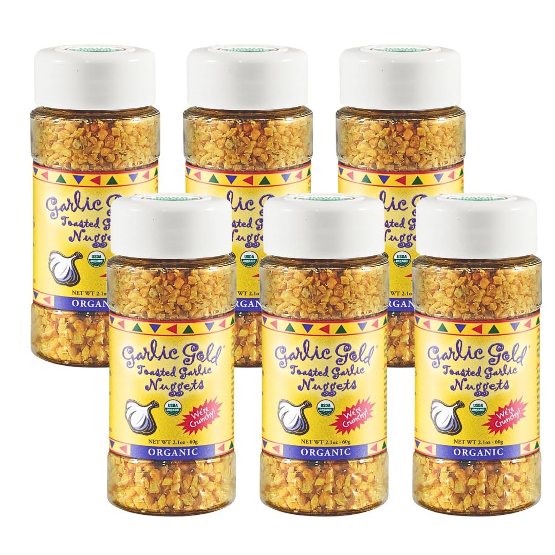 Garlic Gold Toasted Garlic Nuggets, Crunchy Roasted Garlic Seasoning, USDA Certified Organic Salad Topper, Keto Paleo Friendly (2.1 Ounces, 6 Pack)