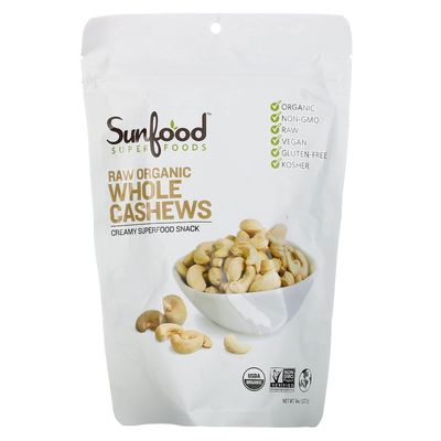 Sunfood Superfoods Organic Cashews - Raw, Whole &amp; Unsalted | 8 oz. Bag 7 Servings | Rich Creamy Flavor for Healthy Keto Paleo Diet | 100% Pure: No Additives | Non-GMO, Vegan, Gluten-Free