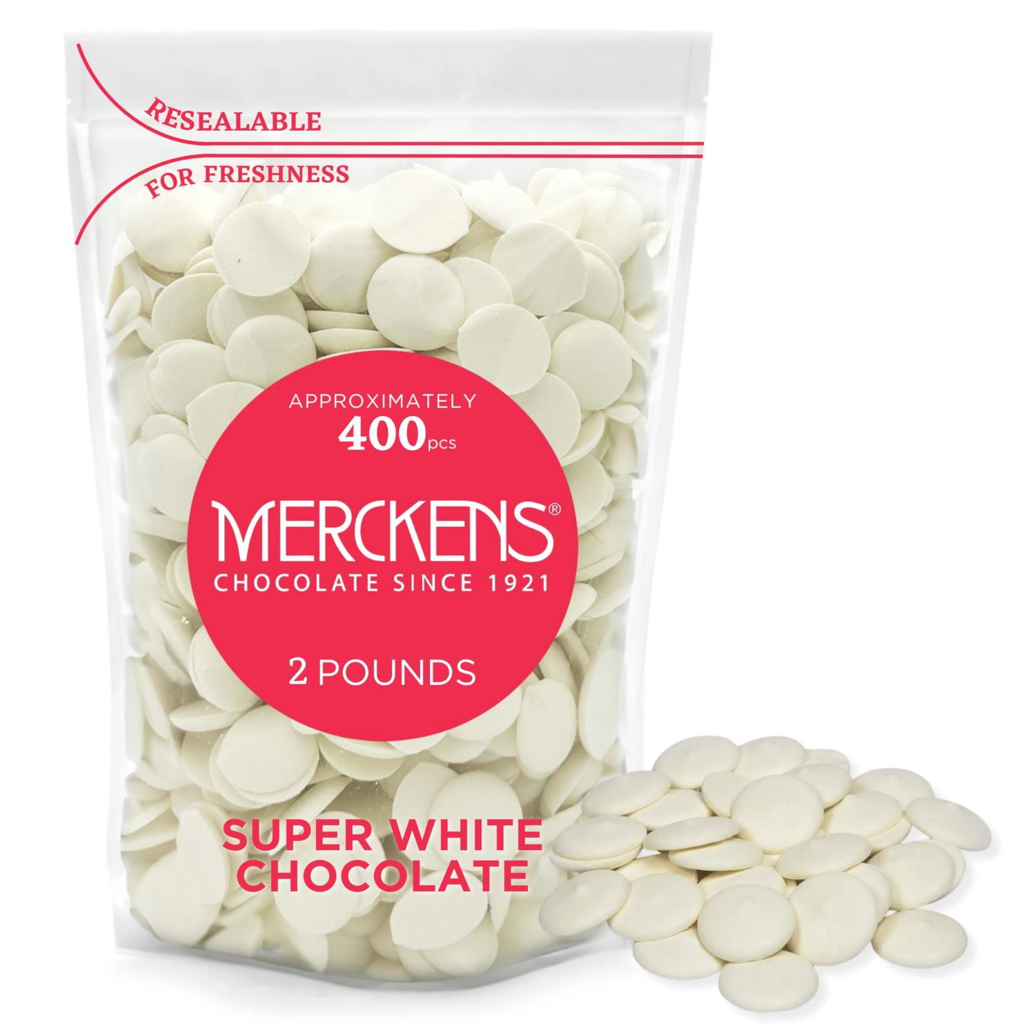 Merckens Chocolate Melting Wafers Bulk Bag Perfect For Easter, Saint Patrick's Day Celebration, for Dipping, Deserts, Baking And More (Super White, 2 Pound)
