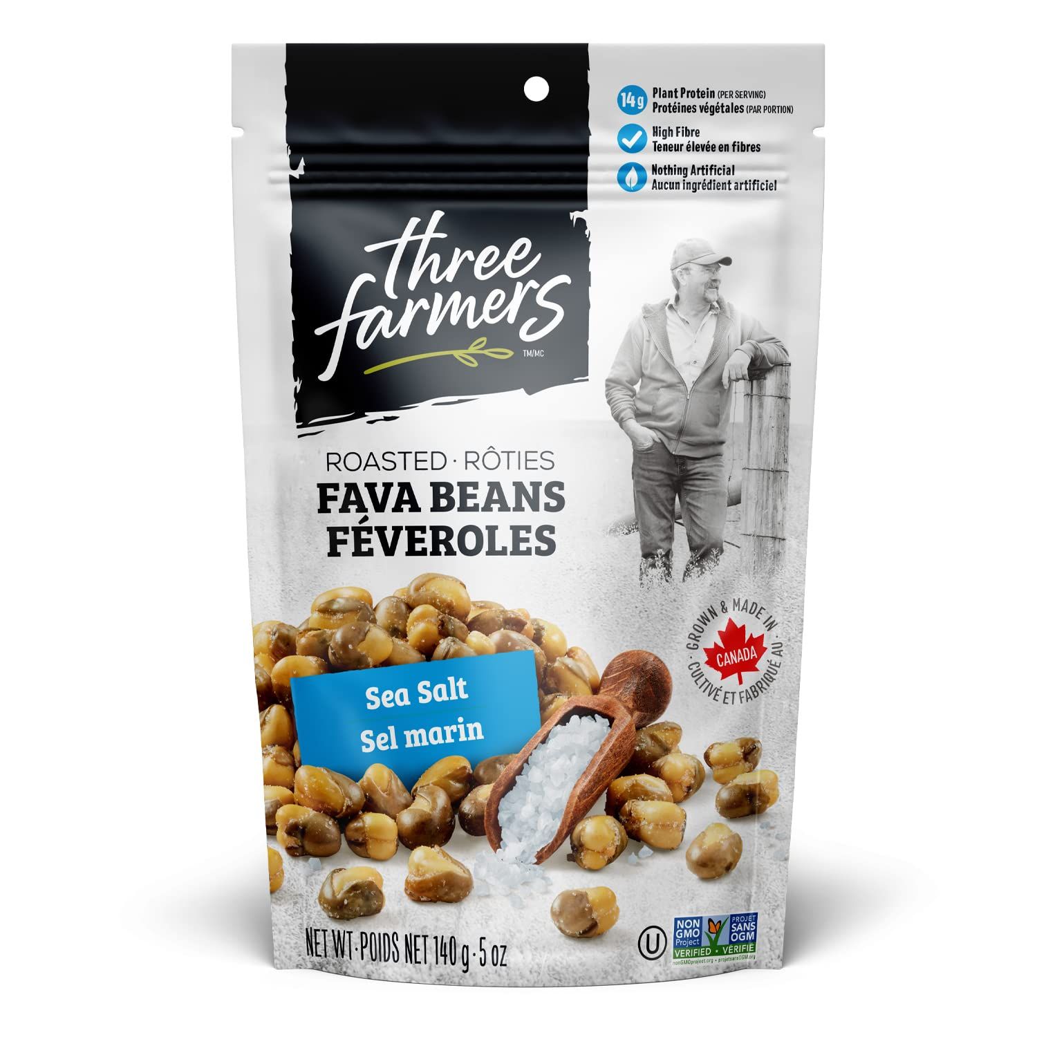 Three Farmers - Roasted Fava Beans 3-Pack | Sea Salt | 3 Pack - 140g | Gluten-Free | Vegan | Kosher | Plant Protein | High Fibre | Low Fat | Non-GMO Certified