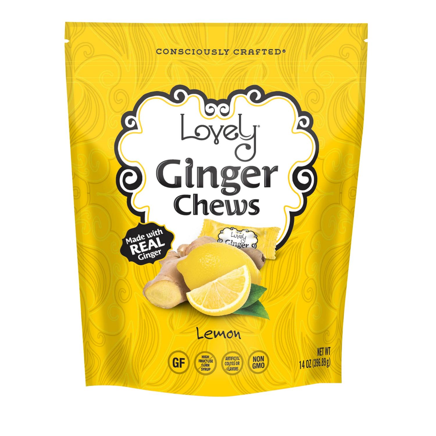 Lovely Candy Lemon Ginger Chews, Made with Real Ginger 14oz (1-Pack) | Gluten-Free, Non-GMO, NO Artificial Ingredients, NO High Fructose Corn Syrup | Christmas &amp; Holiday Stocking Stuffer for Kids