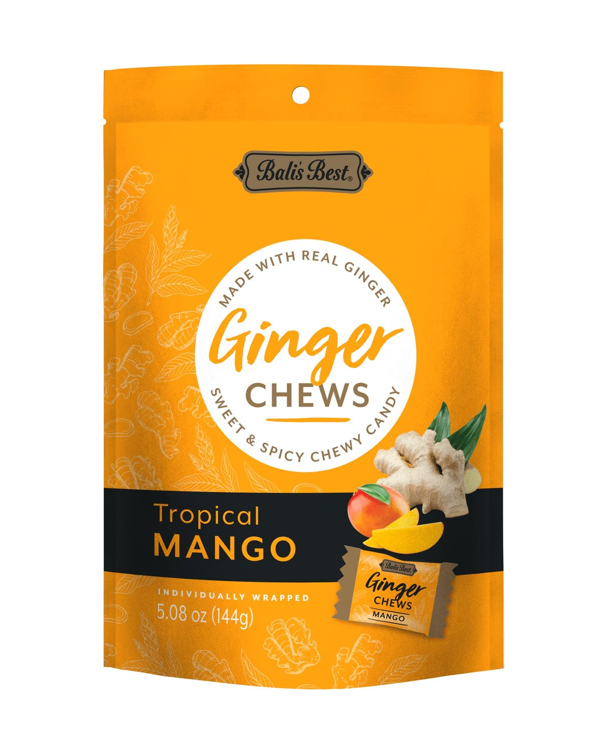 Bali&#39;s Best Ginger Chews - Tropical Mango Flavor, 5.08oz Bag