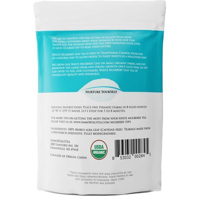 White Mulberry Leaf Tea - 30 Pyramid Teabags - USDA Organic Morus Alba