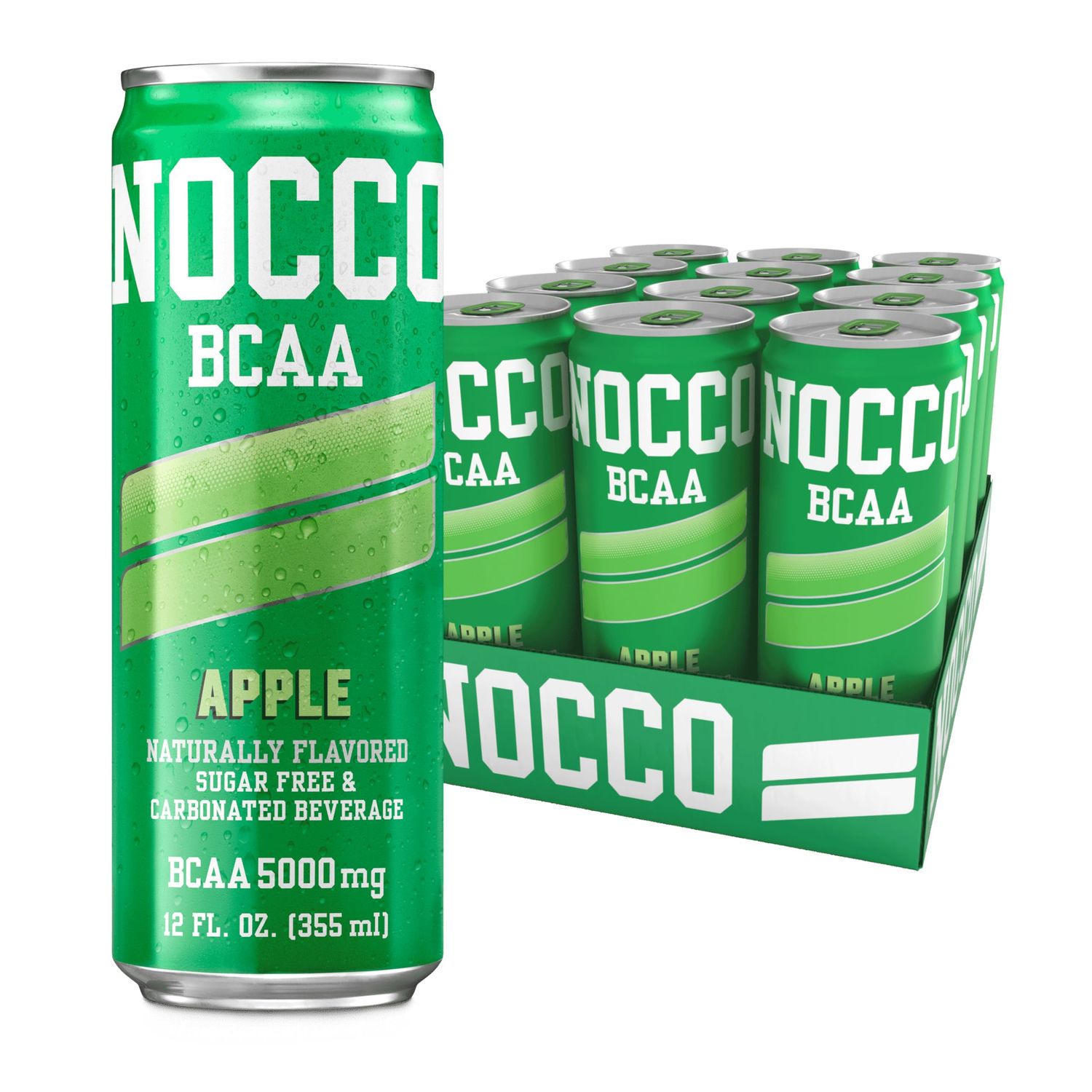 NOCCO BCAA Drink Apple Caffeine Free - 12 Fl Oz (Pack of 12) - 0mg of Caffeine, 5000mg of BCAAs - Sugar Free &amp; Low Calorie Carbonated Drink with Vitamin B6, B12, &amp; Biotin - Grab &amp; Go Performance Drink