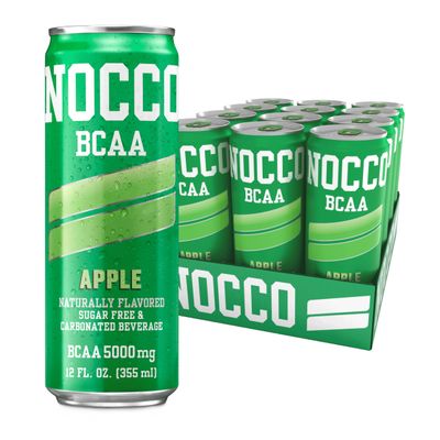 NOCCO BCAA Drink Apple Caffeine Free - 12 Fl Oz (Pack of 12) - 0mg of Caffeine, 5000mg of BCAAs - Sugar Free &amp; Low Calorie Carbonated Drink with Vitamin B6, B12, &amp; Biotin - Grab &amp; Go Performance Drink