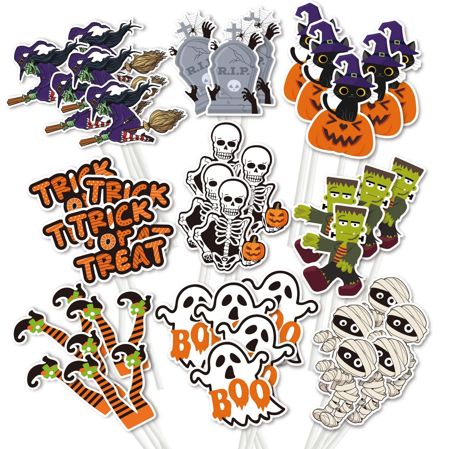 Whaline 72 Pack Halloween Cupcake Toppers with Sticks and Glue Point 9 Design Happy Halloween Dessert Decorations TRICK OR TREAT Cupcake Toppers for Halloween Birthday Party Supplies