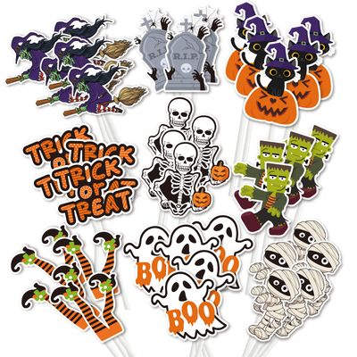 Whaline 72 Pack Halloween Cupcake Toppers with Sticks and Glue Point 9 Design Happy Halloween Dessert Decorations TRICK OR TREAT Cupcake Toppers for Halloween Birthday Party Supplies