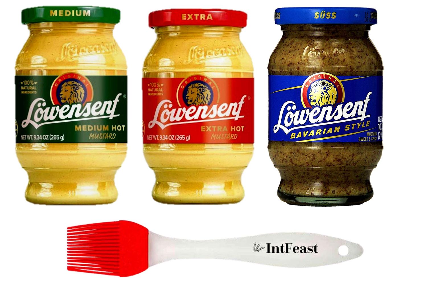 Lwensenf German Mustard Variety Pack (3 Pack) - Extra Hot Mustard 9.3oz (1 Piece) Medium Hot Mustard 9.3oz (1 Piece) Sweet and Spicy Mustard Jar 10.05oz (1 Piece) with Intfeast Silicone Pastry Brush