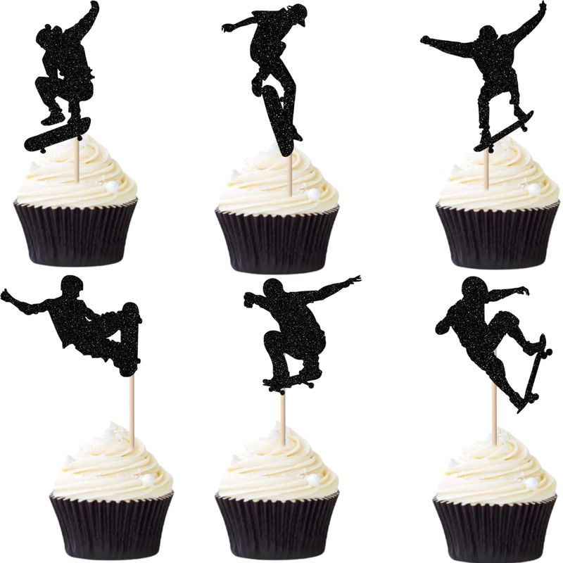 24 PCS Skateboard Cupcake Toppers Black Glitter Skateboarding Cupcake Picks Sport Skating Theme Bachelorette Birthday Party Cake Decorations Supplies