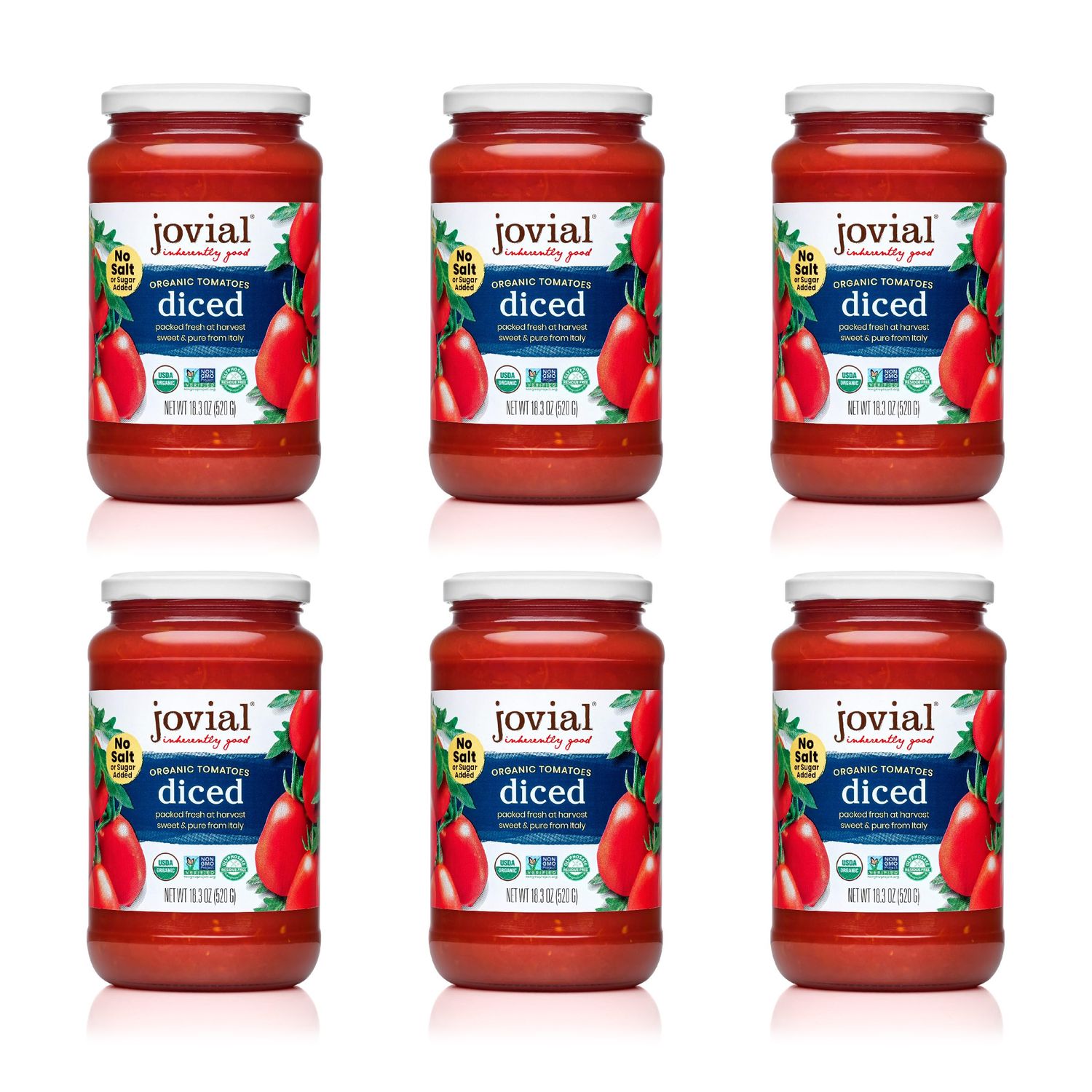 Jovial Diced Tomatoes - Organic Tomatoes, Non-GMO, USDA Certified Organic, No Additives, BPA-Free, No Added Sugar, No Salt Added, Recyclable Glass, Made in Italy - 18.3 Oz, 6 Pack