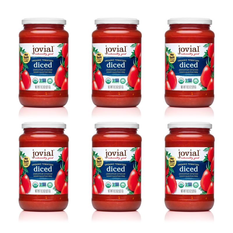 Jovial Diced Tomatoes - Organic Tomatoes, Non-GMO, USDA Certified Organic, No Additives, BPA-Free, No Added Sugar, No Salt Added, Recyclable Glass, Made in Italy - 18.3 Oz, 6 Pack